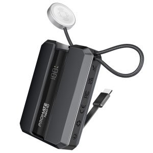 Promate Power Bank 10000mAh with Built-In USB-C Cable, 30W USB-C™, Neo-10 - Grey